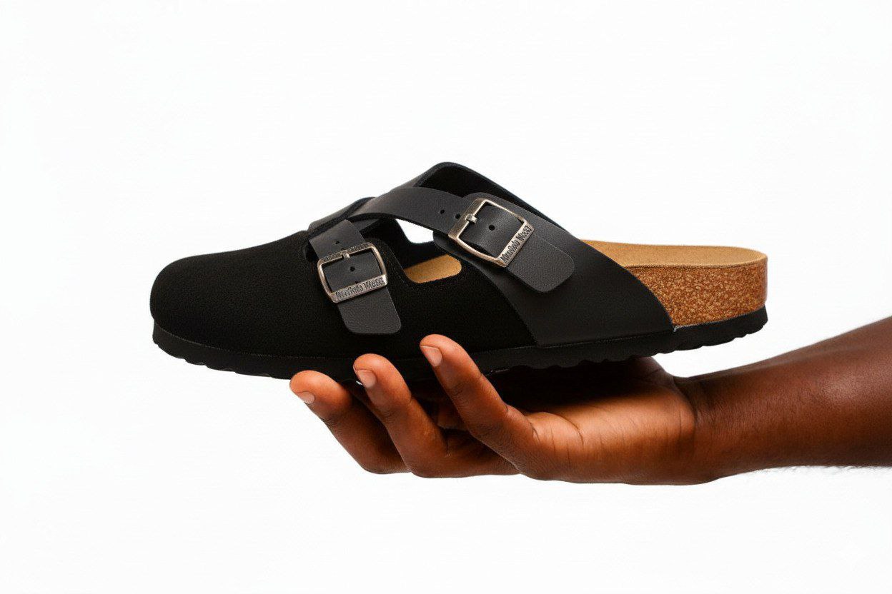 Macfedo Black Suede Cross-Belt Halfshoe – Minimal Comfort Slip-On