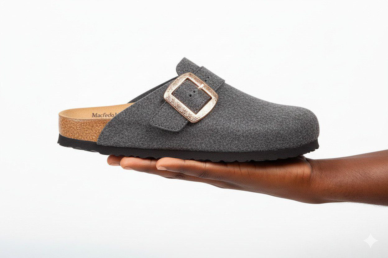 Macfedo Grey Suede Square-Buckle Halfshoe – Refined Comfort Slip-On