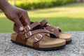 Macfedo Brown Leather 3-Buckle Sandals – Modern Comfort Slip-On